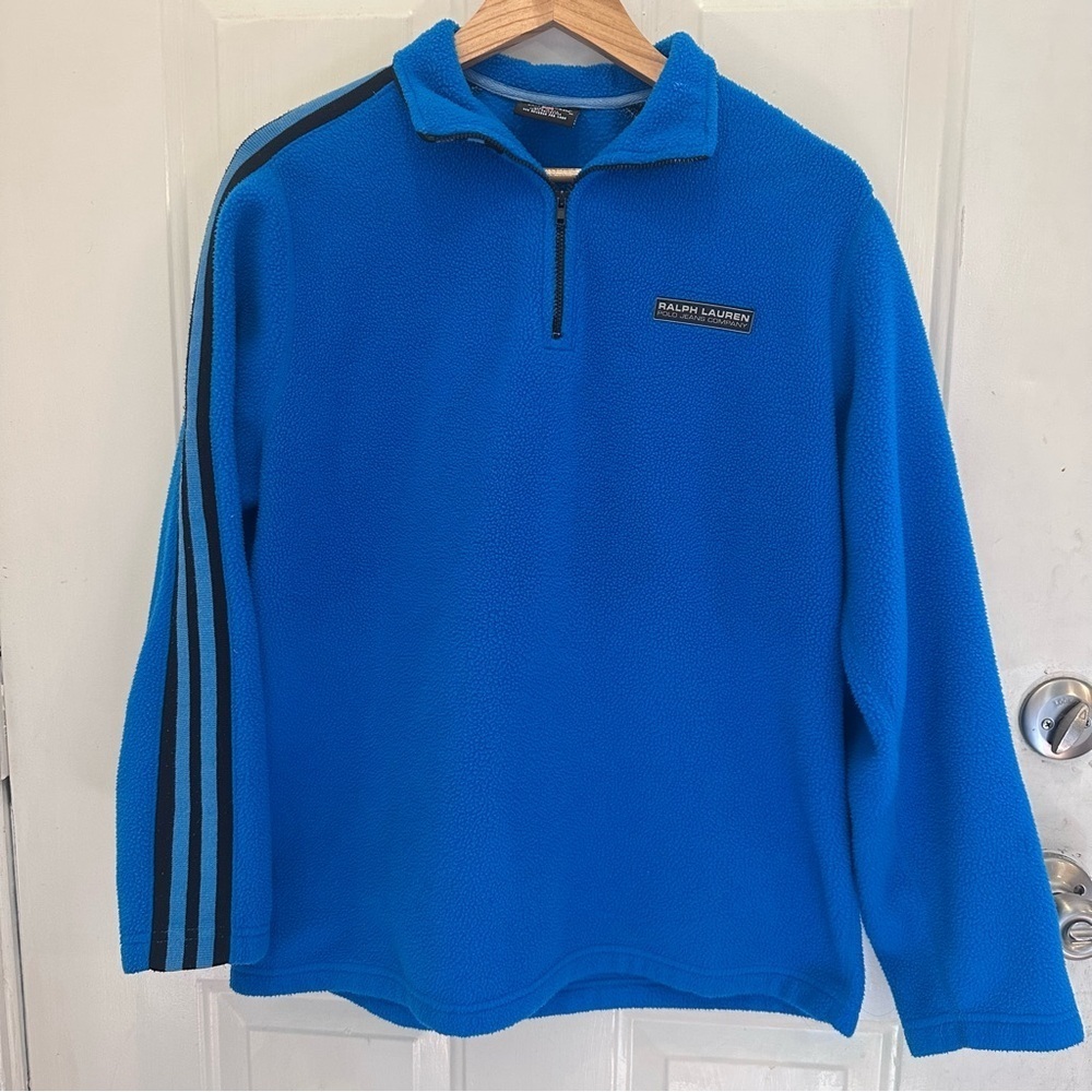 Vintage 90’s Men’s Ralph Lauren Blue Fleece with Black Stripes - Picture 2 of 5